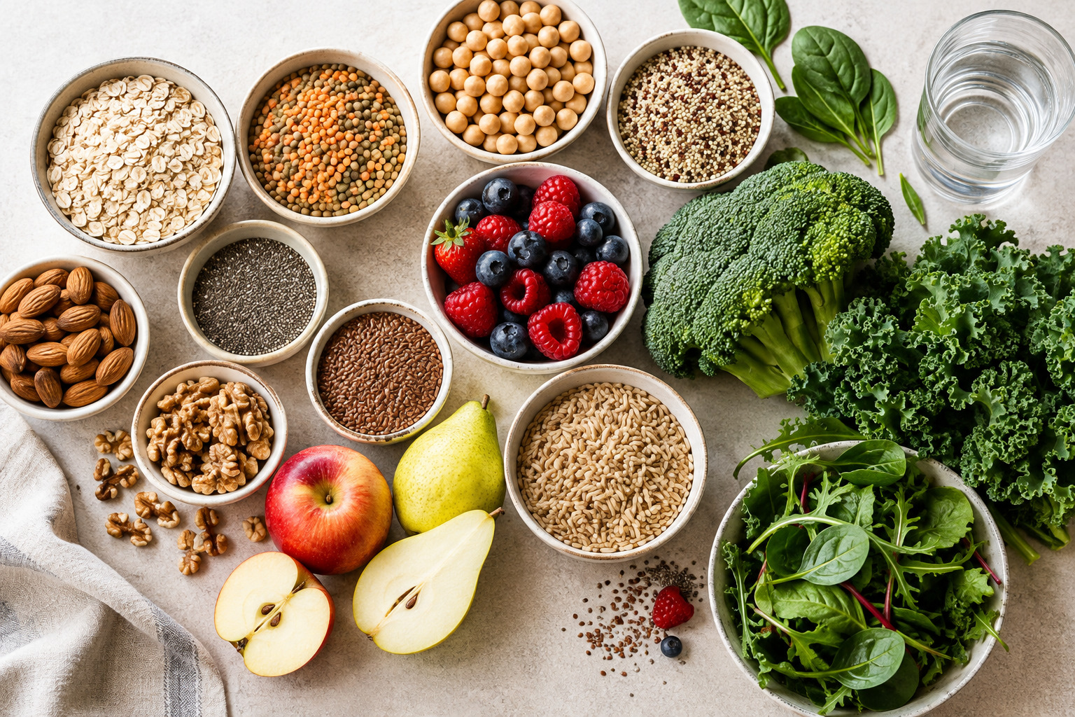 Fibre-rich whole foods including vegetables, fruit, grains, nuts and seeds