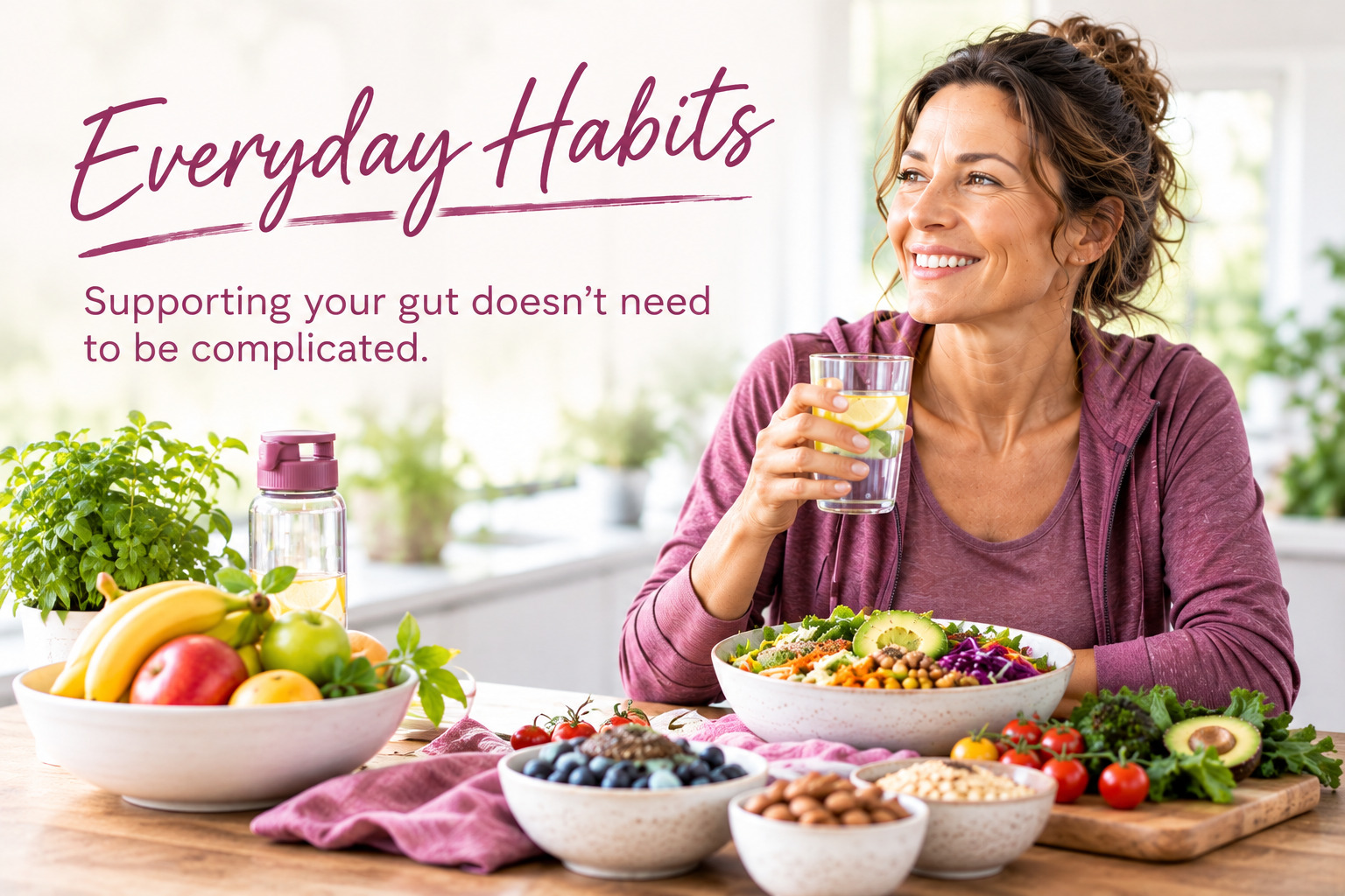 Woman enjoying a fibre-rich meal and healthy everyday habits